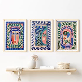 Set of 3 Folk Art Abstract Face - Oak Framed Art