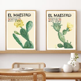 Set of 2 Mexican Art El Maestro Prickle Pear Cacti - Oak Framed Art