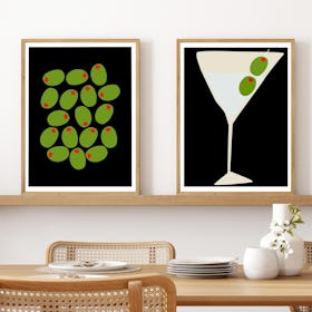 Set of 2 Martini Olives kitchen Cocktail Illustration - Oak Framed Art