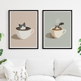 Set of 2 Coffee Cats Quirky Illustration Kitchen Art Print - Black Framed Art