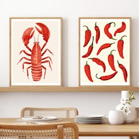 Set of 2 Food Kitchen Art Lobster Chili Peppers - Oak Framed Art