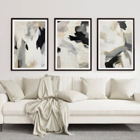 Set of 3 Abstract Brush Strokes Painting Black White Neutrals - Black Framed Art