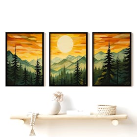 Set of 3 Green Sun Forest Mountain Painting Triptych - Black Framed Art