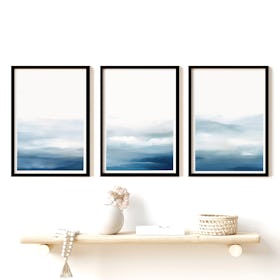 Set of 3 Watercolour Blue White Abstract Water Painting - Black Framed Art