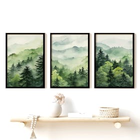 Set of 3 Green Forest Nature Scenery Watercolour - Black Framed Art