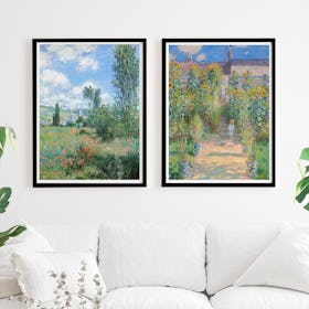 Set of 2 Claude Monet Gardens Classic Art Painting - Black Framed Art