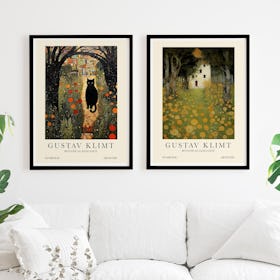 Set of 2 Gustav Klimt Cat Garden Citrus - Black Framed Art