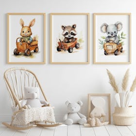 Set of 3 Animal Toy Cars Nursery - Oak Framed Art