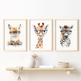 Set of 3 Smat Animals with Sunglasses Kids Nursery - Oak Framed Art