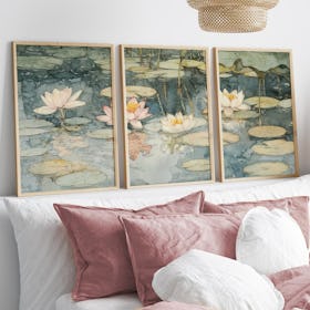 Set of 3 Water Lilies Print Vintage Flowers Pond Watercolour - Oak Framed Art