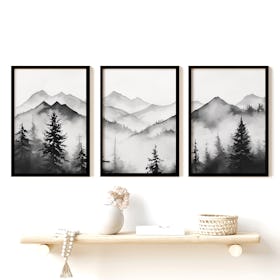 Set of 3 Mountain Forest Black and White Watercolour - Black Framed Art