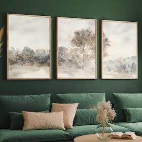 Set of 3 Neutral Landscape Watercolour Tree Vintage - Oak Framed Art