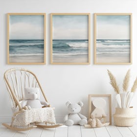 Set of 3 Minimalist Coastal Beach Sea Watercolour - Oak Framed Art