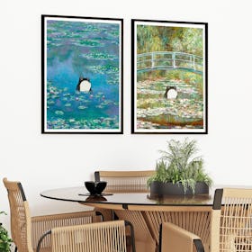 Set of 2 Monet Prints with Unimpressed Frogs Water Lilies Pond - Black Framed Art