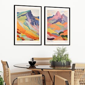 Set of 2 Colourful Mountain Illustration Travel - Black Framed Art