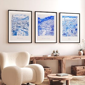 Set of 3 Travel Art  Blue Drawings Rome, Florence, Cinqueterre - Black Framed Art