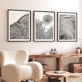 Set of 3 Marine Life Linocut Line Art - Black Framed Art