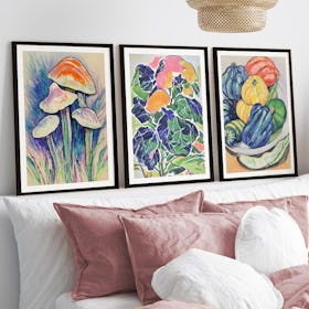 Set of 3 Vegetables and Mushrooms Watercolor Painting - Black Framed Art