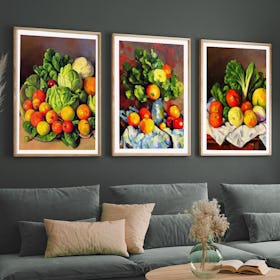 Set of 3 Still Life Vegetables Cezanne Style - Oak Framed Art