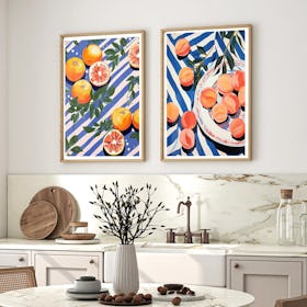 Set of 2 Summer Fruits Painting Oranges and Peaches - Oak Framed Art