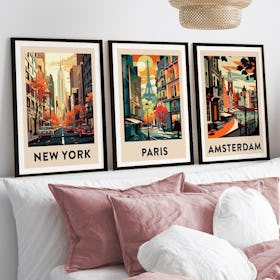 Set of 3 Vintage Travel Posters New York, Paris, Amsterdam - Black Framed Art