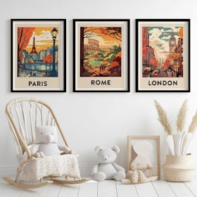 Set of 3 Vintage Travel Posters Paris, Rome, London - Black Framed Art