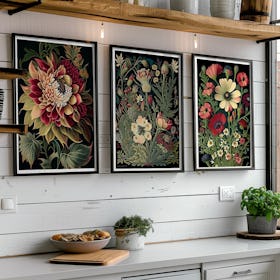 Set of 3 Vintage Red Flowers - Black Framed Art