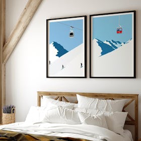 Set of 2 Ski Prints Minimal Illustration - Black Framed Art