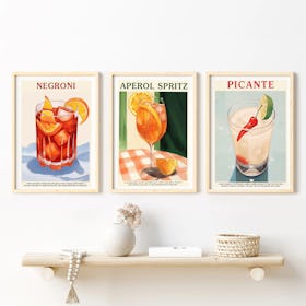 Set of 3 Cocktail Art Aperol Negroni Picante - Oak Framed Art