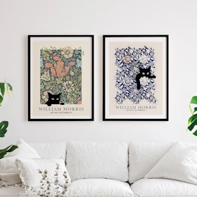 Set of 2 William Morris with Funny Cats - Black Framed Art