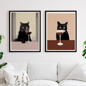 Set of 2 Black Cats with Cocktails Martini Wine - Black Framed Art