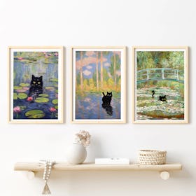 Set of 3 Black Cats Monet Inspired - Oak Framed Art