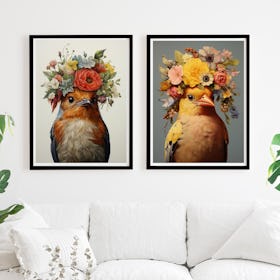 Set of 2 Birds with Flower Crown Robin and Goldfinch - Black Framed Art
