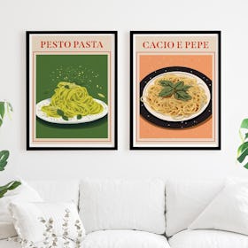 Set of 2 Italian Pasta Food Pesto Cacio e Pepe - Black Framed Art