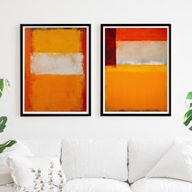 Set of 2 Abstract Orange and White - Black Framed Art