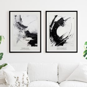 Set of 2 Black and White Abstract Ink - Black Framed Art