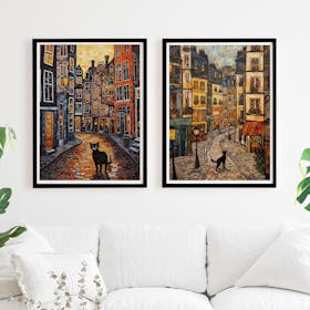 Set of 2 City Cats in Amsterdam Travel Painting - Black Framed Art