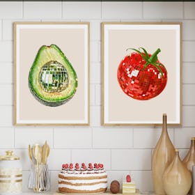 Set of 2 Disco Ball Food Tomato Avocado - Oak Framed Art