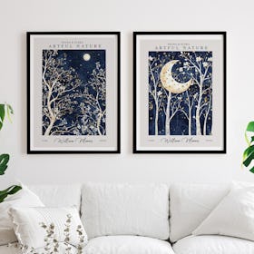 Set of 2 William Morris Moon and Stars Blue Night - Black Framed Art