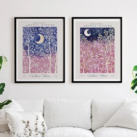 Set of 2 William Morris Moon and Stars Pink and Blue - Black Framed Art