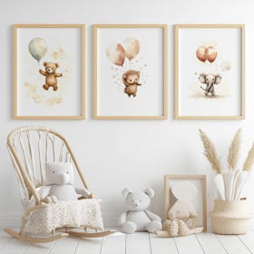 Set of 3 Nursery Art Animals with Balloons Watercolour - Oak Framed Art