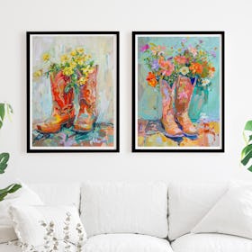 Set of 2 Cowboy Boots with Flowers Western Cowgirl - Black Framed Art