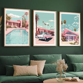 Set of 3 Travel Art Retro Kitsch Miami and Palm Springs Oak Framed Art