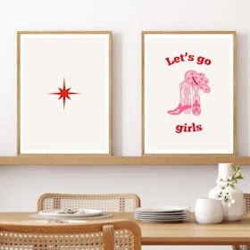 Set of 2 Western Let's Go Girls retro star Cowgirl Oak Framed Art