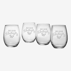 Anti-Social Butterfly Stemless Wine Glass - Set of 4