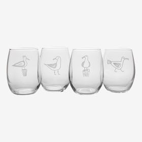 Busy Seagulls Assortment Stemless Wine Glass - Set of 4