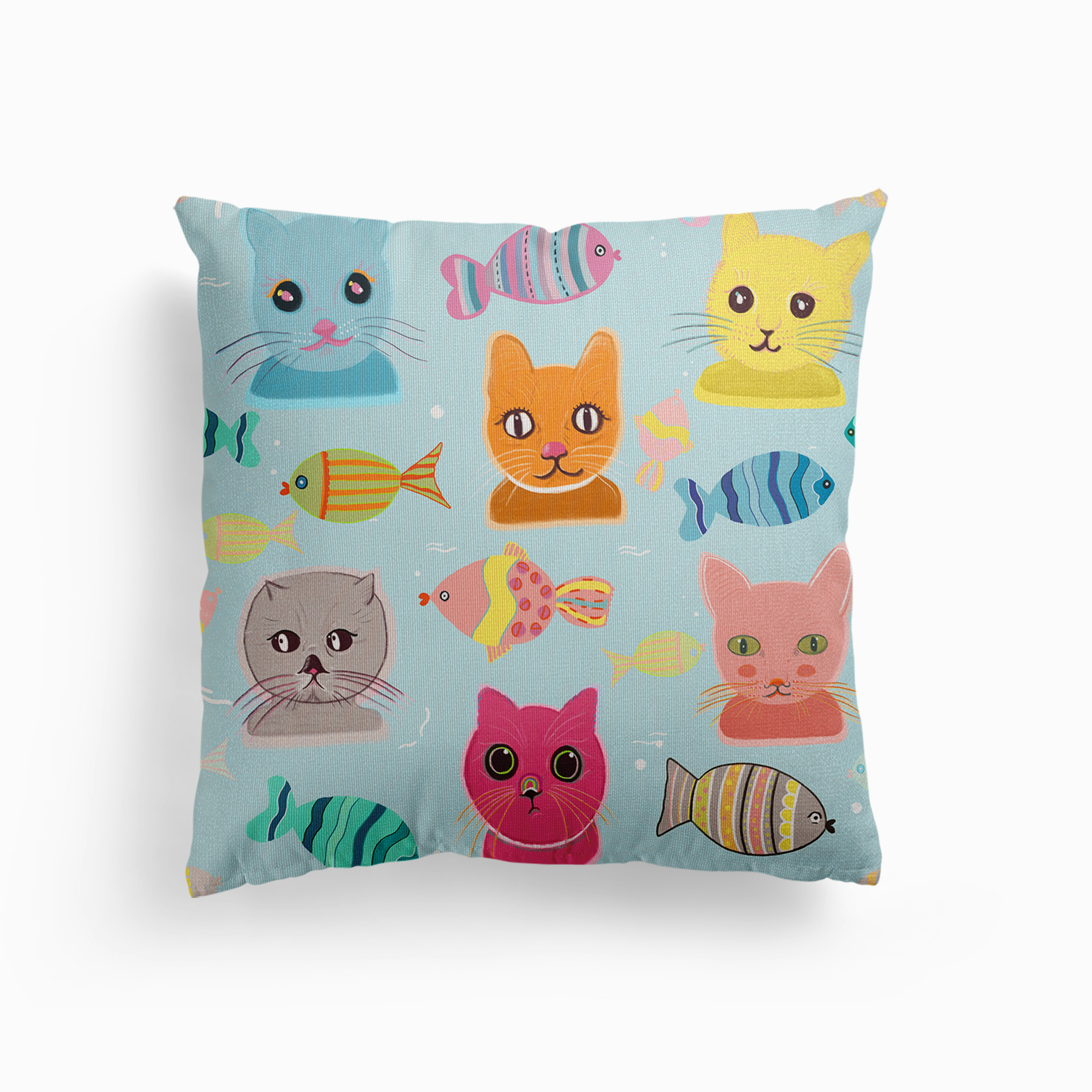 Cute Cat Faces Pattern Blue Background Canvas Kissen