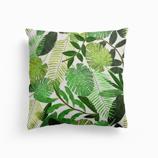 Green Tropical Watercolor Leaves Pattern Canvas Cushion
