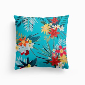 Frangipani, Lily Palm Leaves Tropical Vibrant Colored Trendy Summer Pattern Canvas Cushion