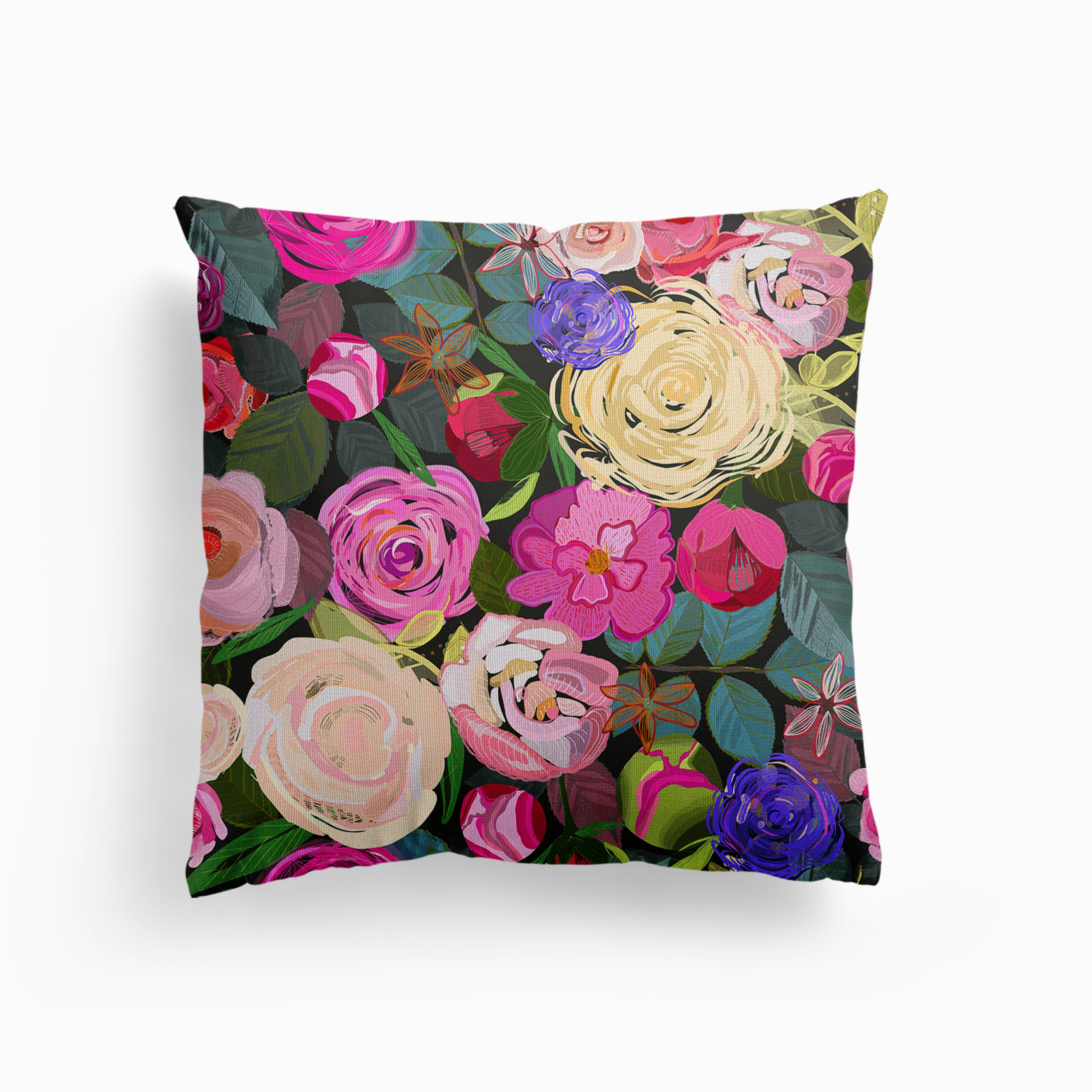 Colorful Roses Floral Pattern Canvas Cushion by Gulsen Gunel